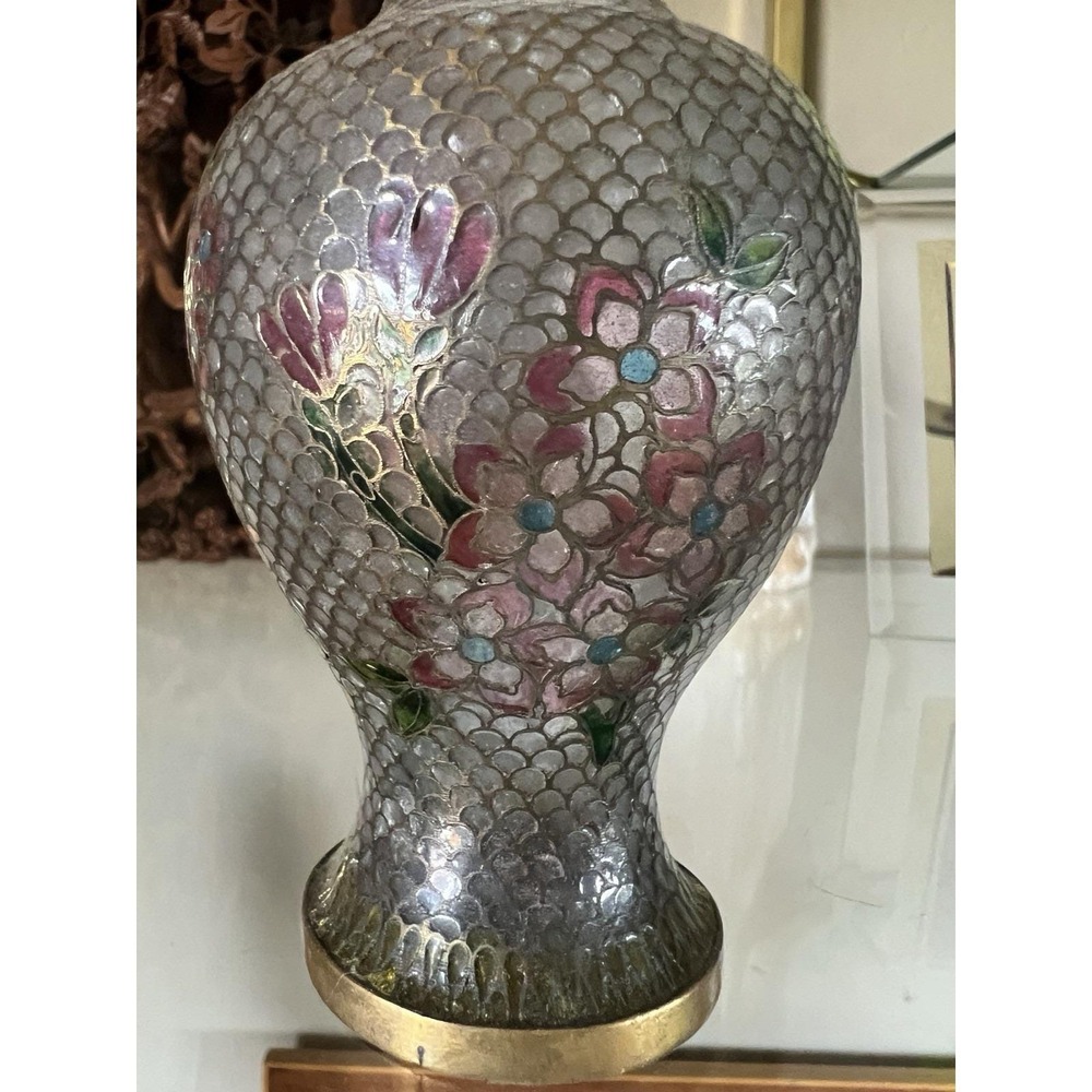 Vintage Cloisonne Enamel Floral Vase Silver Fish Scale Pattern Turquoise Base 5" - Picture 2 of 11